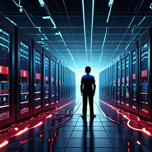 Home 16 **Prompt:** An abstract depiction of a sprawling server room or data center, visibly straining and cracking under an overwhelming flood of luminous, complex data streams and numerical torrents. The screens display critical error messages and red warning signs. A stylized human figure, possibly an IT professional or a business owner, is seen in the foreground, looking distressed and frustrated, with a blurred, chaotic background representing slow reports and decreasing customer satisfaction. The atmosphere is one of digital chaos and an imminent system collapse, rendered in dark, deep blues and reds, with glowing data elements. High detail, dramatic lighting, futuristic, wide angle.