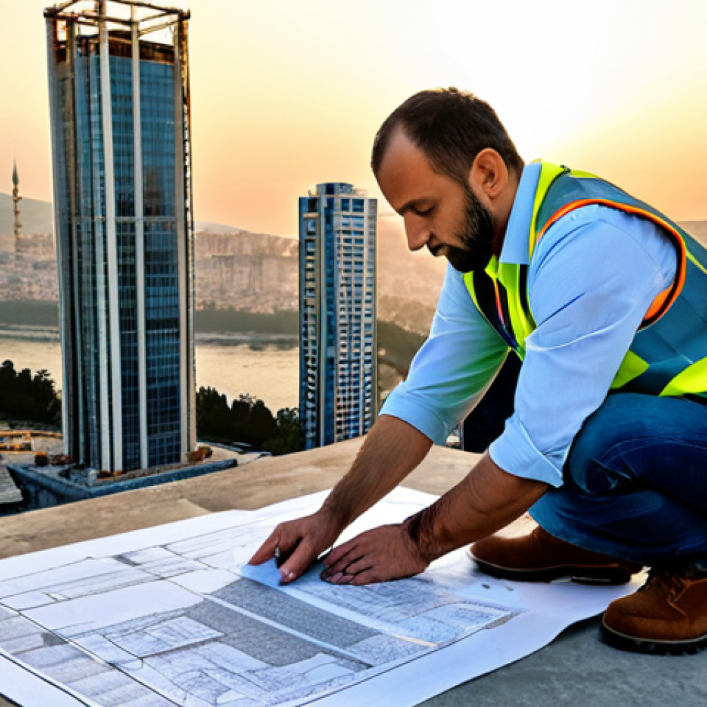 **
A professional architect, fully clothed in a stylish yet modest outfit appropriate for a construction site (e.g., sturdy boots, jeans, a collared shirt, and a high-visibility vest), reviewing blueprints at sunrise in front of a modern skyscraper under construction in Istanbul. Perfect anatomy, correct proportions, natural pose. Safe for work, appropriate content, professional setting, well-formed hands, proper finger count, natural body proportions.
**