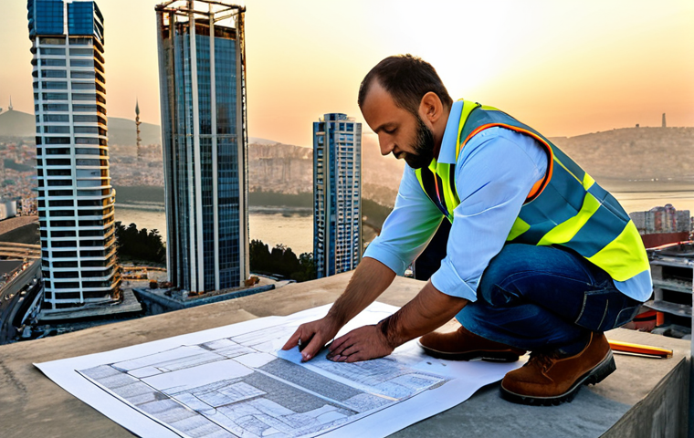**
A professional architect, fully clothed in a stylish yet modest outfit appropriate for a construction site (e.g., sturdy boots, jeans, a collared shirt, and a high-visibility vest), reviewing blueprints at sunrise in front of a modern skyscraper under construction in Istanbul. Perfect anatomy, correct proportions, natural pose. Safe for work, appropriate content, professional setting, well-formed hands, proper finger count, natural body proportions.
**