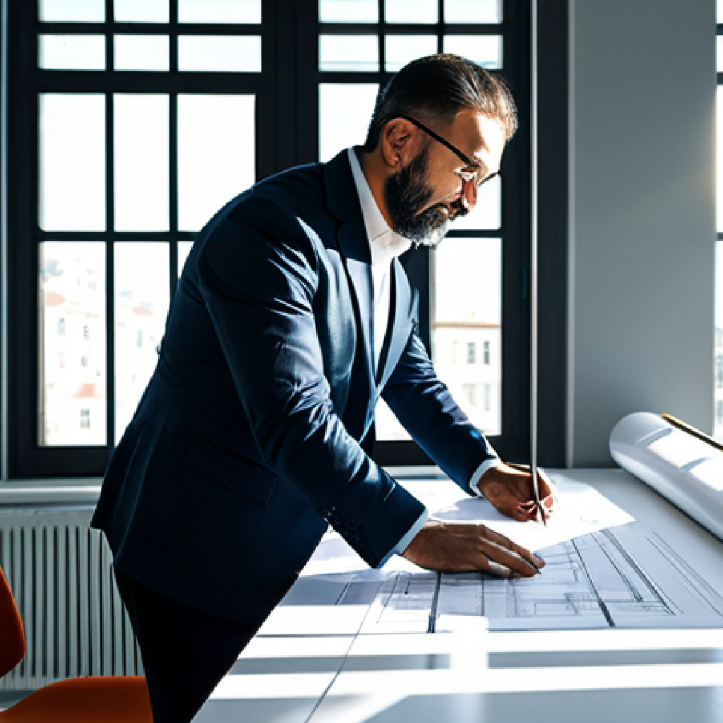 ** A professional architect, fully clothed in modest office attire, reviewing blueprints in a brightly lit, modern architectural office in Istanbul, Turkey. Sunlight streams through the large windows. Appropriate content, safe for work, perfect anatomy, correct proportions, well-formed hands, professional photography, high quality.

**