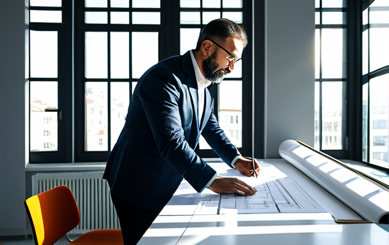 ** A professional architect, fully clothed in modest office attire, reviewing blueprints in a brightly lit, modern architectural office in Istanbul, Turkey. Sunlight streams through the large windows. Appropriate content, safe for work, perfect anatomy, correct proportions, well-formed hands, professional photography, high quality.
**