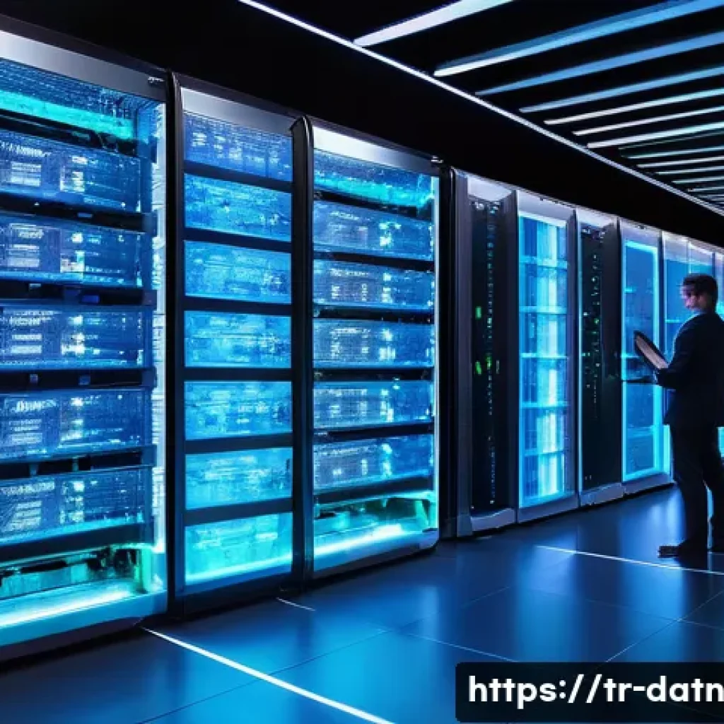 빅데이터 분석 프레임워크 선택 가이드 - A modern data center room with rows of high-performance servers and network equipment, illuminated b...