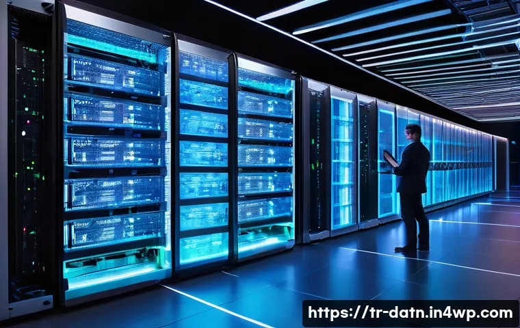 빅데이터 분석 프레임워크 선택 가이드 - A modern data center room with rows of high-performance servers and network equipment, illuminated b...
