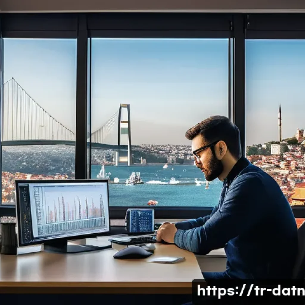 Machine Learning과 빅데이터 분석 프레임워크 - A modern data scientist working in a bright Istanbul office, surrounded by multiple computer screens...