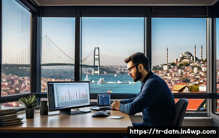 Machine Learning과 빅데이터 분석 프레임워크 - A modern data scientist working in a bright Istanbul office, surrounded by multiple computer screens...