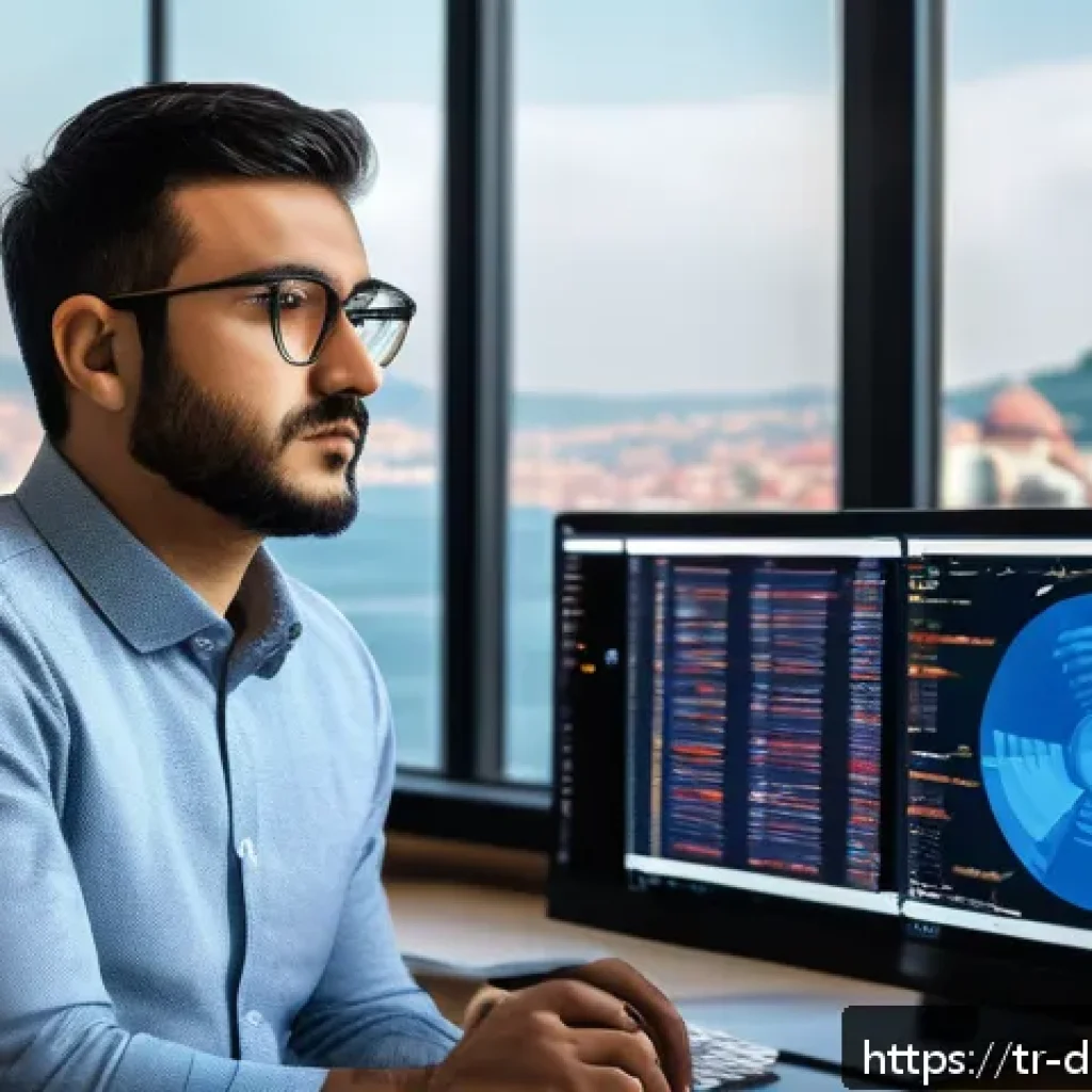 R과 Python의 빅데이터 분석 프레임워크 통합 - A professional data scientist working in a modern Istanbul office, surrounded by dual monitors displ...