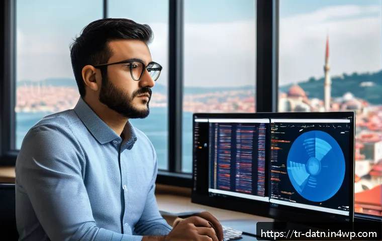 R과 Python의 빅데이터 분석 프레임워크 통합 - A professional data scientist working in a modern Istanbul office, surrounded by dual monitors displ...