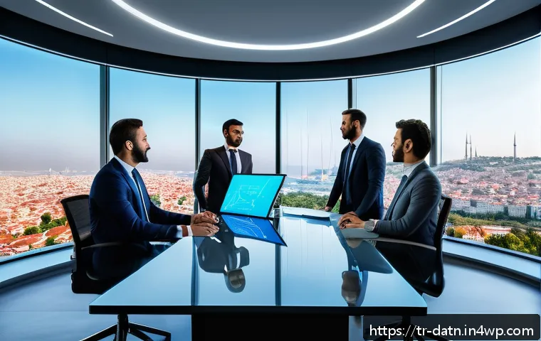 AI와 빅데이터 분석 프레임워크의 융합 - A modern Turkish corporate office setting with diverse professionals collaborating around a large di...